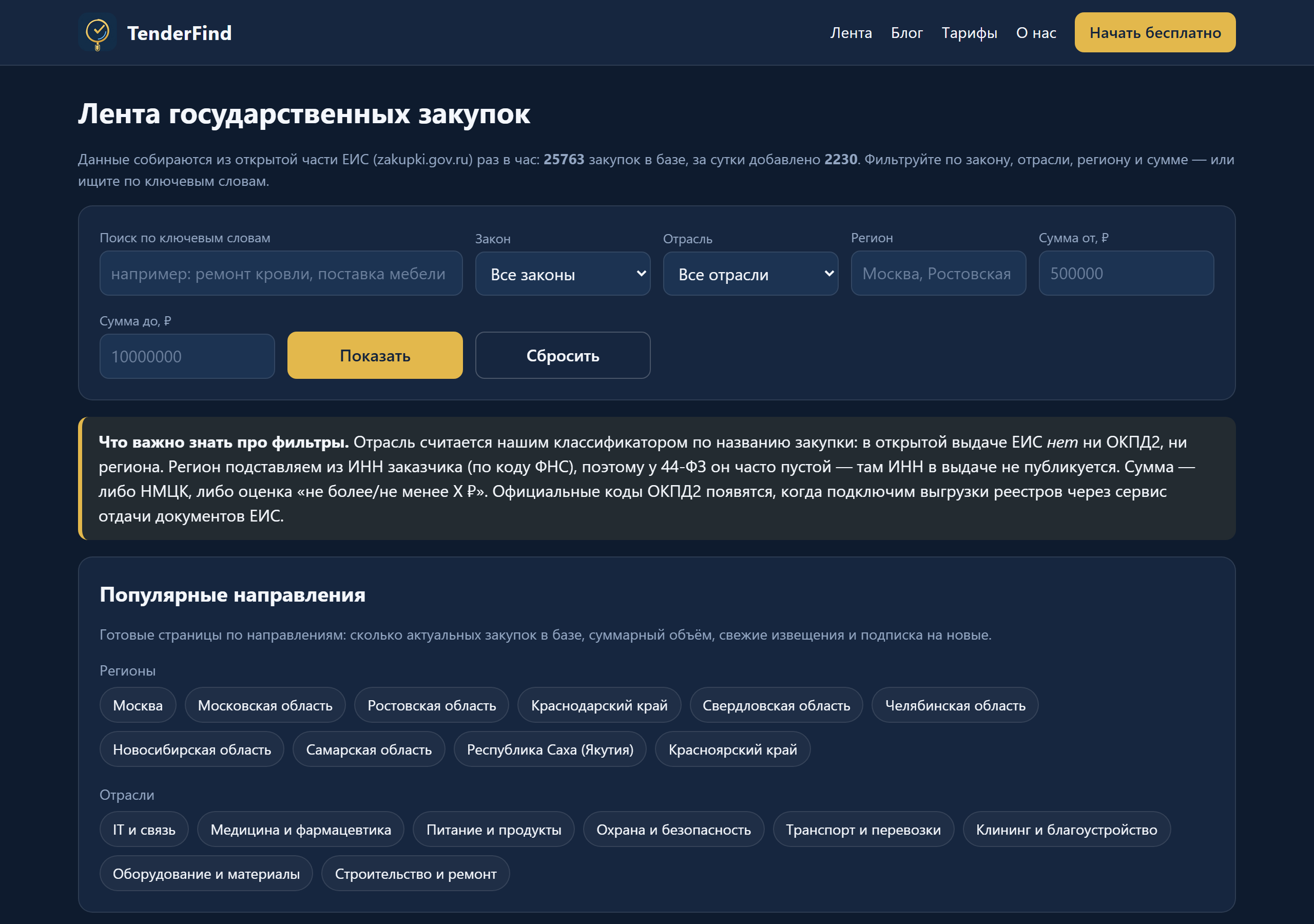 Фильтры ленты закупок в TenderFind: ключевые слова, закон, отрасль, регион, сумма от и до